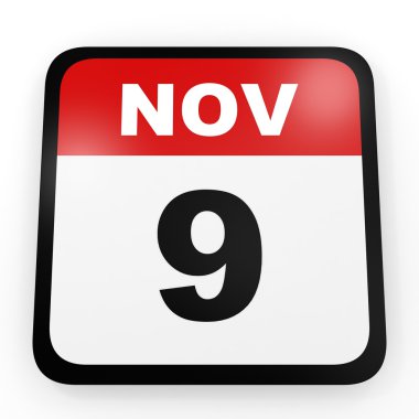 9 Kasım. Beyaz arka plan üzerinde takvim.