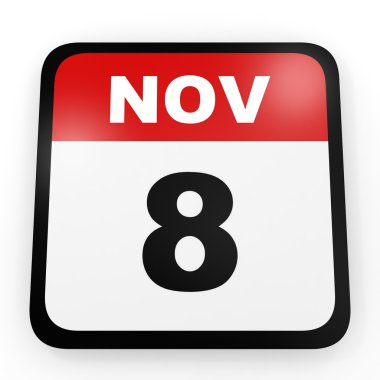 8 Kasım. Beyaz arka plan üzerinde takvim.