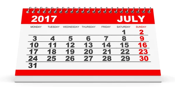Kalenderblatt Juli 2017 auf weißem Hintergrund. — Stockfoto