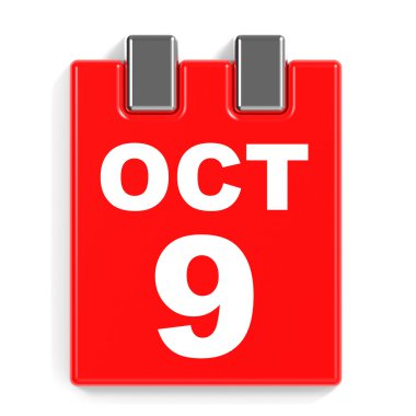 9 Ekim. Beyaz arka plan üzerinde takvim.