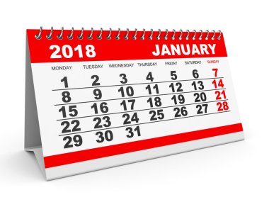 Takvimi Ocak 2018 beyaz arka plan üzerinde.