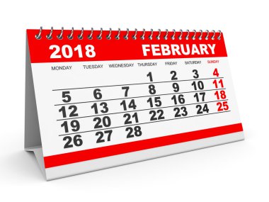 Beyaz arka plan üzerinde Şubat 2018 takvimi.