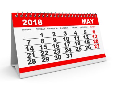Beyaz arka plan üzerinde Mayıs 2018 takvimi.
