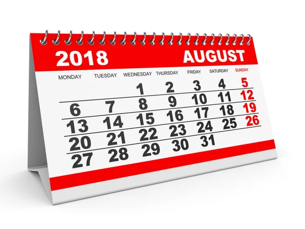 Calendario Agosto 2018 sobre fondo blanco . — Foto de Stock