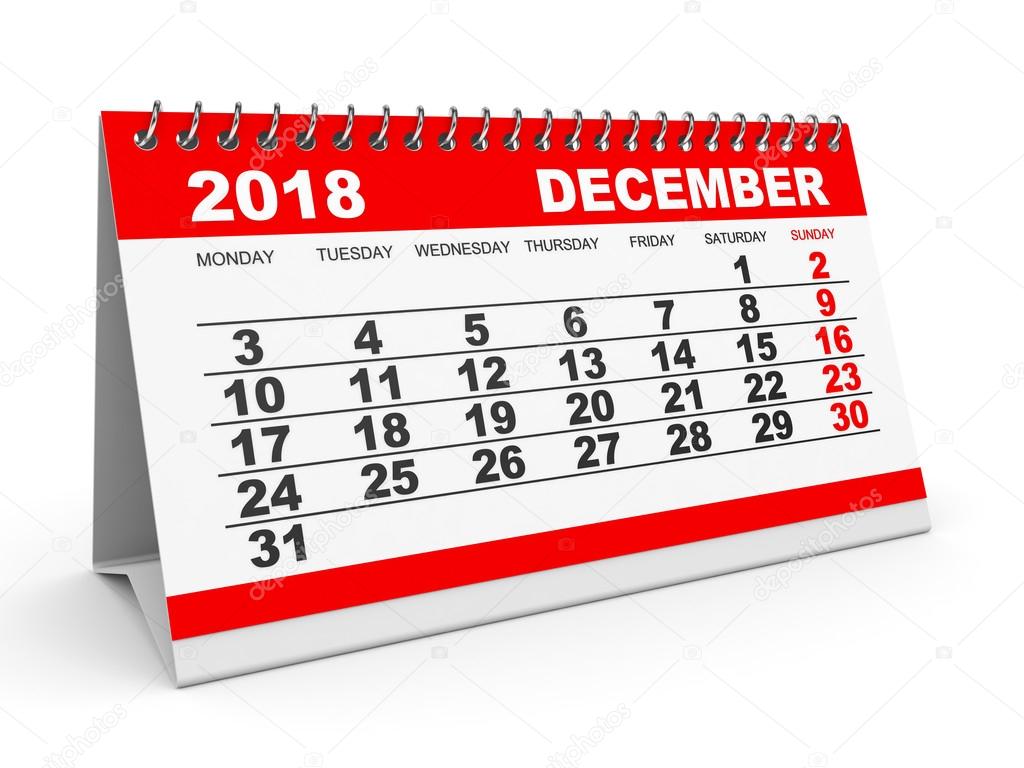 Calendar December 2018 on white background.