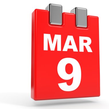 9 Mart. Beyaz arka plan üzerinde takvim.