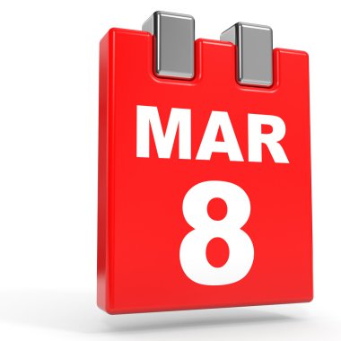 Mart 8. Beyaz arka plan üzerinde takvim.