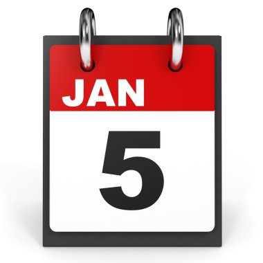 5 Ocak. Beyaz arka plan üzerinde takvim.