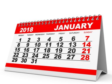 Takvimi Ocak 2018 beyaz arka plan üzerinde.