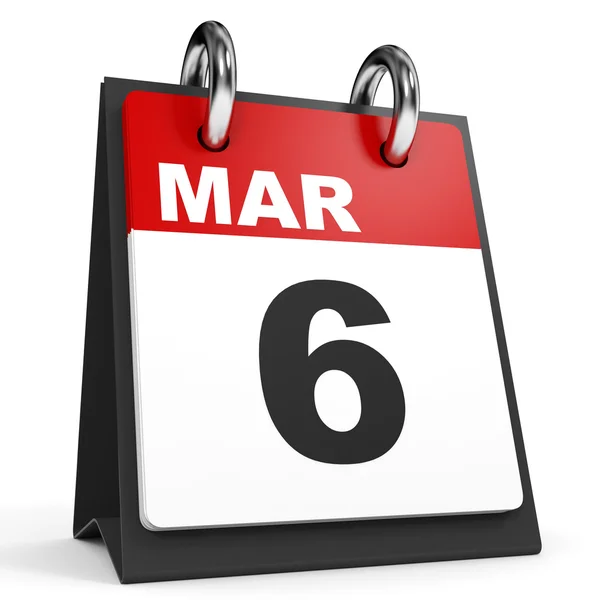 6 marzo. Calendario su sfondo bianco . — Foto Stock