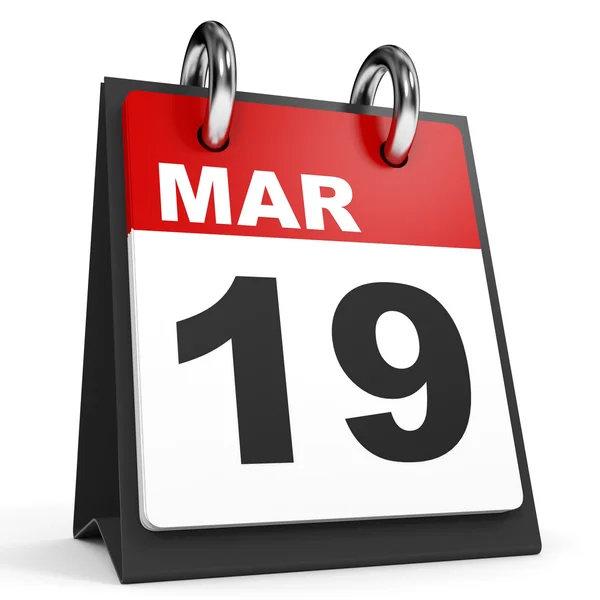 19 martie. Calendar pe fundal alb . — Fotografie, imagine de stoc