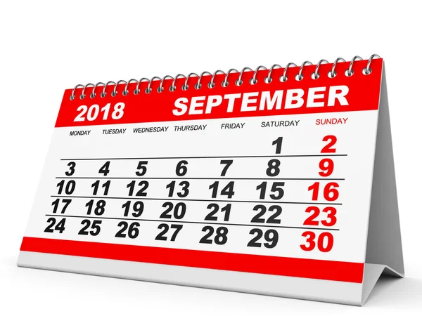 Calendario Septiembre 2018 sobre fondo blanco . — Foto de Stock