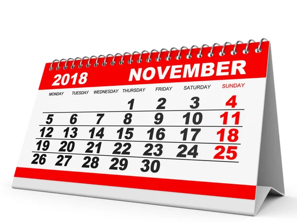 Calendario Noviembre 2018 sobre fondo blanco . —  Fotos de Stock