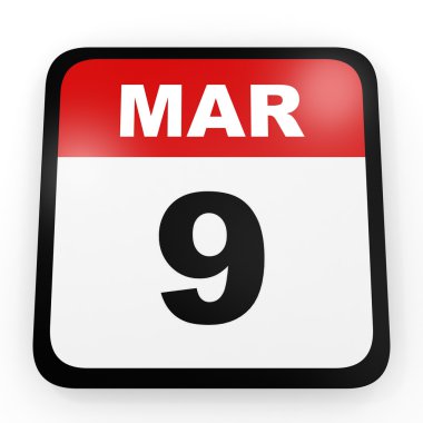 9 Mart. Beyaz arka plan üzerinde takvim.