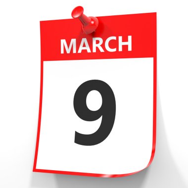 9 Mart. Beyaz arka plan üzerinde takvim.