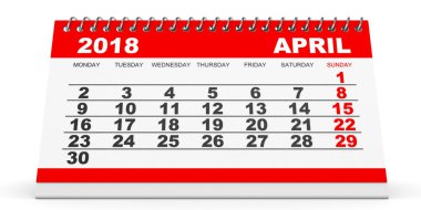 Beyaz arka plan üzerinde Nisan 2018 takvimi.