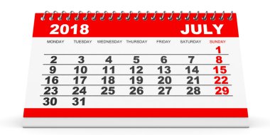 Beyaz arka plan üzerinde Temmuz 2018 takvimi.