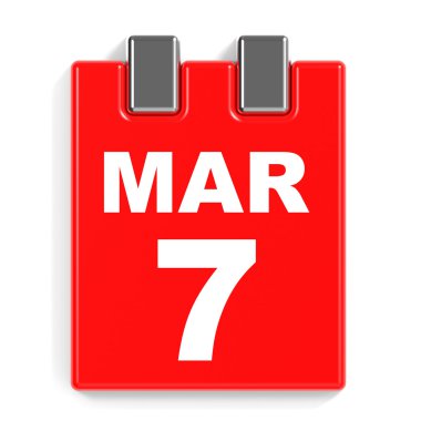 7 Mart. Beyaz arka plan üzerinde takvim.