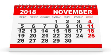 Beyaz arka plan üzerinde Kasım 2018 takvimi.