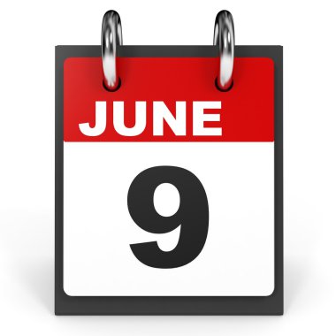 9 Haziran. Beyaz arka plan üzerinde takvim.