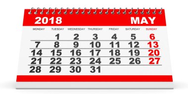 Beyaz arka plan üzerinde Mayıs 2018 takvimi.