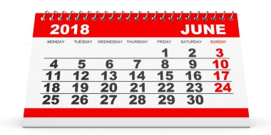 Beyaz arka plan üzerinde Haziran 2018 takvimi.