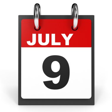 9 Temmuz. Beyaz arka plan üzerinde takvim.