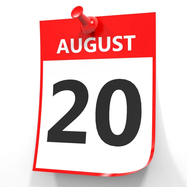 20 серпня. Календар на білому тлі . — стокове фото