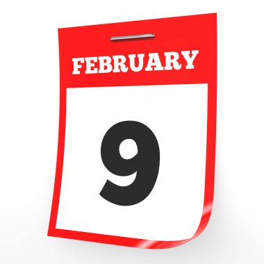 Şubat 9. Beyaz arka plan üzerinde takvim.