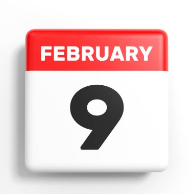 Şubat 9. Beyaz arka plan üzerinde takvim.