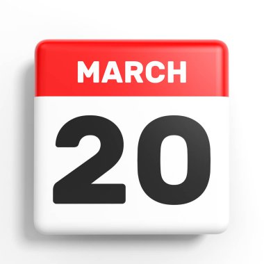 20 Mart. Beyaz arka plan üzerinde takvim.