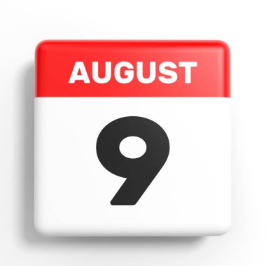 9 Ağustos. Beyaz arka plan üzerinde takvim.