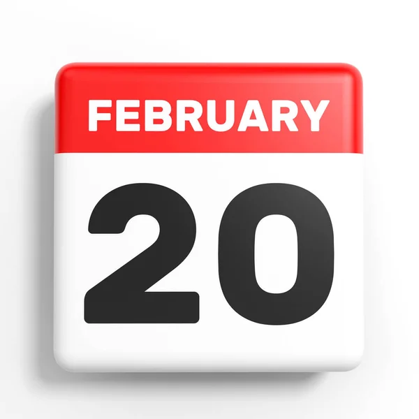 20 Φεβρουαρίου. Ημερολόγιο σε λευκό φόντο. — Φωτογραφία Αρχείου