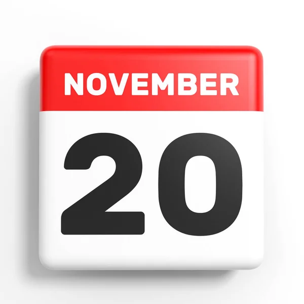 20 novembre. Calendario su sfondo bianco . — Foto Stock