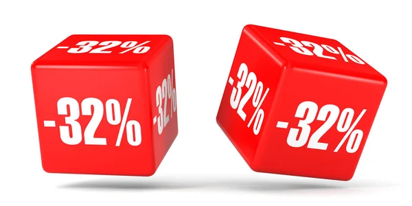 Harminckét százalék kedvezményt. 32 % kedvezmény. Piros kocka. — Stock Fotó