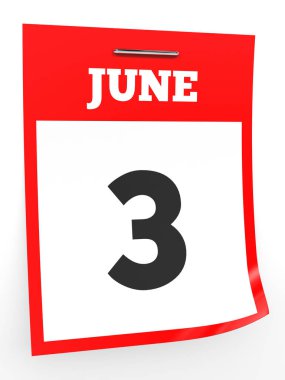 3 Haziran. Beyaz arka plan üzerinde takvim.