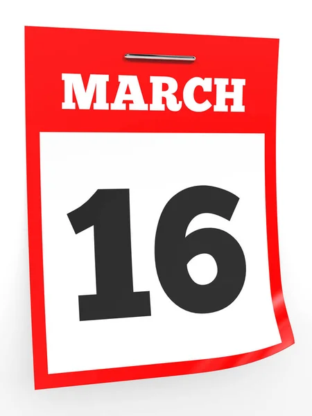 16. března. Kalendář na bílém pozadí. — Stock fotografie