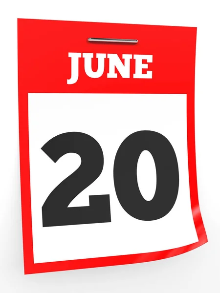 20 Ιουνίου. Ημερολόγιο σε λευκό φόντο. — Φωτογραφία Αρχείου