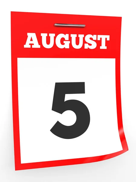 5 sierpnia. Kalendarz na białym tle. — Zdjęcie stockowe