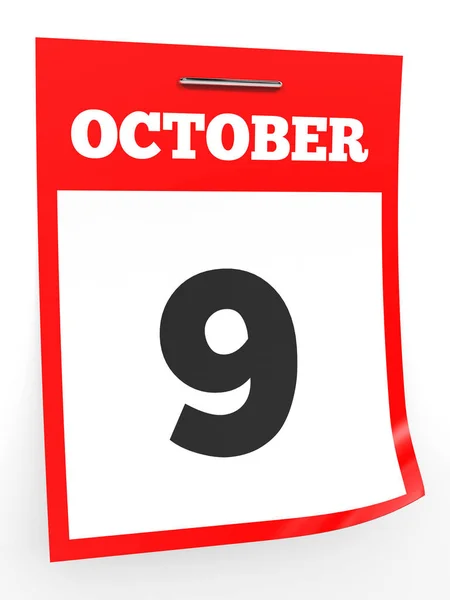 9 de Outubro. Calendário sobre fundo branco . — Fotografia de Stock