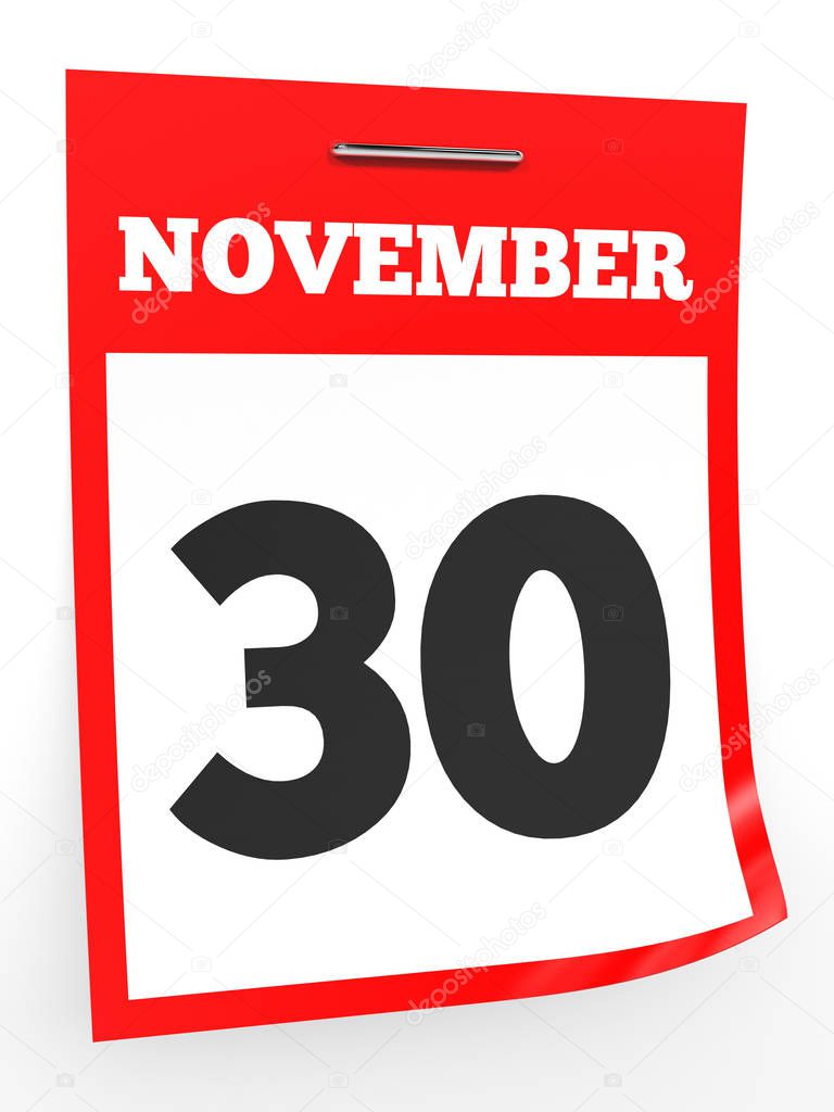 November 30. Calendar on white background.