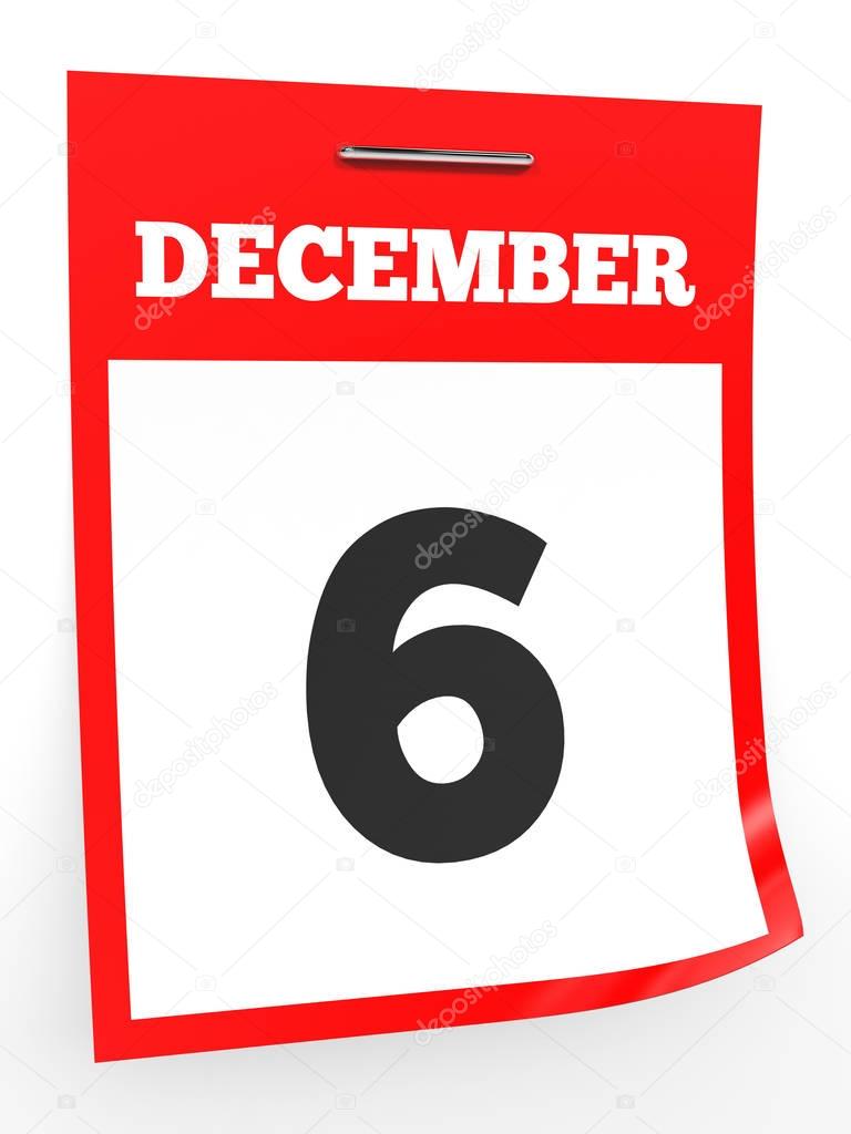 December 6. Calendar on white background.