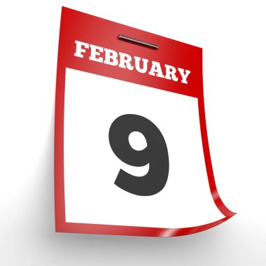Şubat 9. Beyaz arka plan üzerinde takvim.