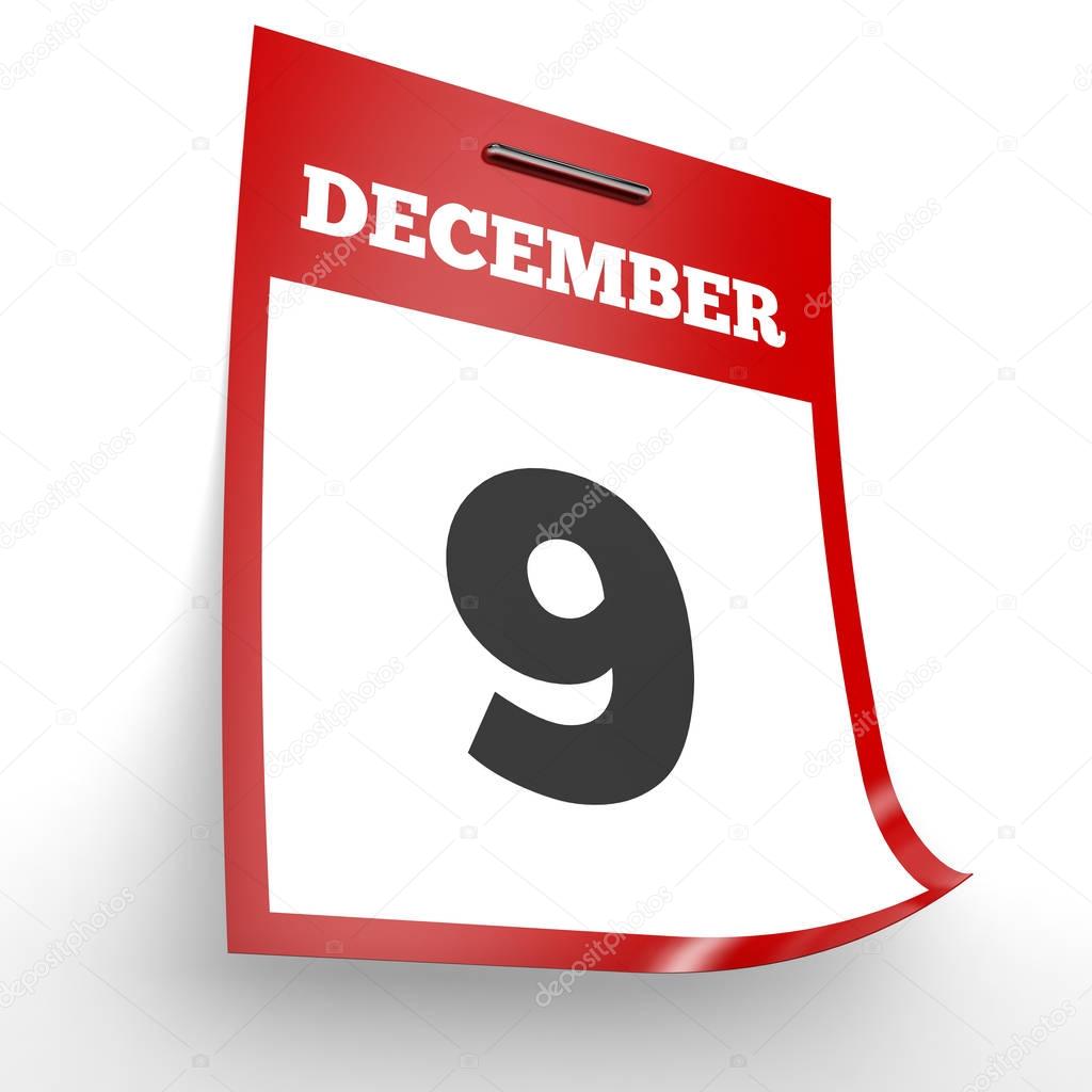 9 de diciembre. Calendario sobre fondo blanco. — Fotos de Stock