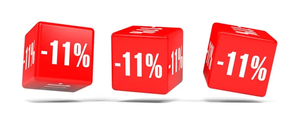 Jedenáct procent off. Sleva 11 %. Červené kostky. — Stock fotografie
