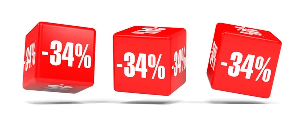 Harminc négy százalék kedvezményt. 34 %-os kedvezménnyel. Piros kocka. — Stock Fotó