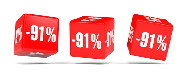 Egy kilencven százalék kedvezményt. 91 % kedvezmény. Piros kocka. — Stock Fotó
