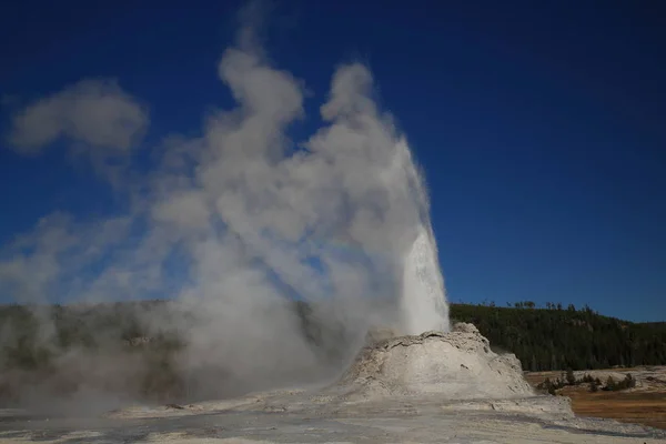 Zamek Geyser erupcji na tle błękitnego nieba, Yellowstone Np, Usa — Zdjęcie stockowe