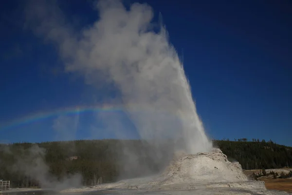 Castle Geyser erupting on background of blue sky , Yellowstone NP,USA — 스톡 사진