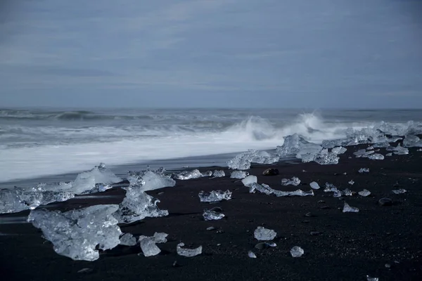 Glacier Ice Chunks Black Beach Jokulsarlon Iceland — 스톡 사진